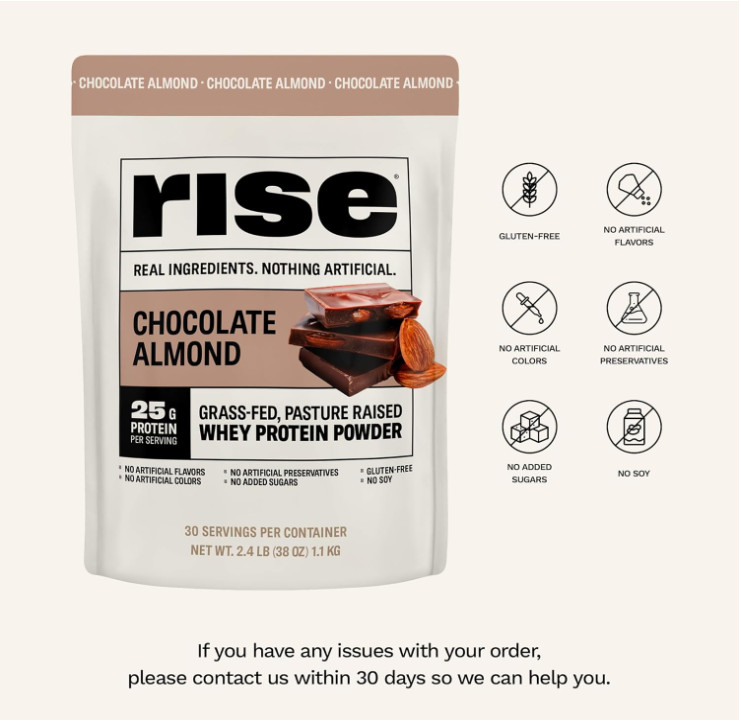 Rise Grass-Fed Whey Protein Powder, Chocolate Almond, 2.4 lb, 25g Protein