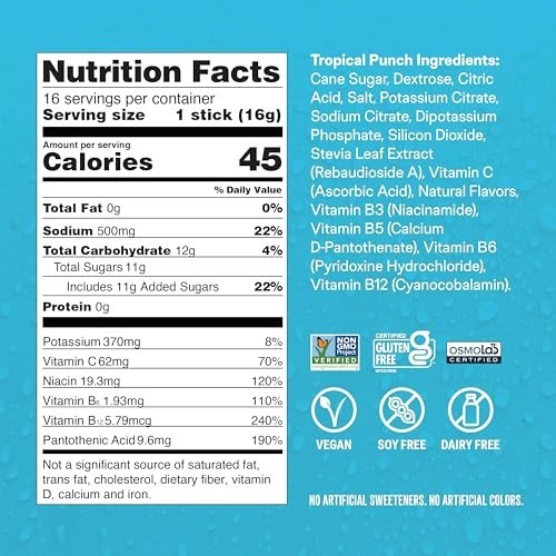 Electrolyte Powder Drink Mix 16 Packets Tropical Punch Hydration Multiplier