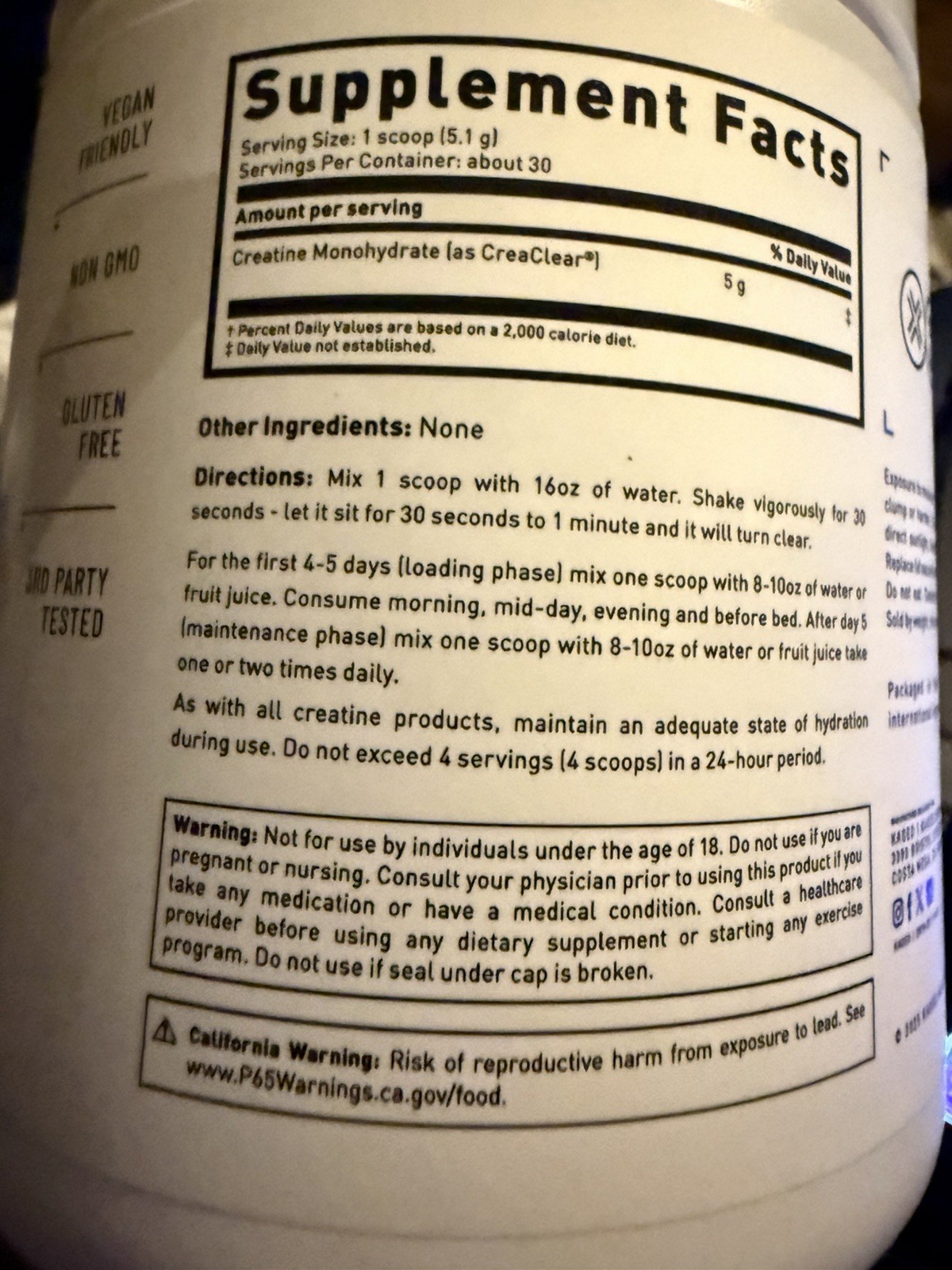Kaged CreaClear Creatine Monohydrate Unflavored 30 Servings 5.4 oz exp 5/2028