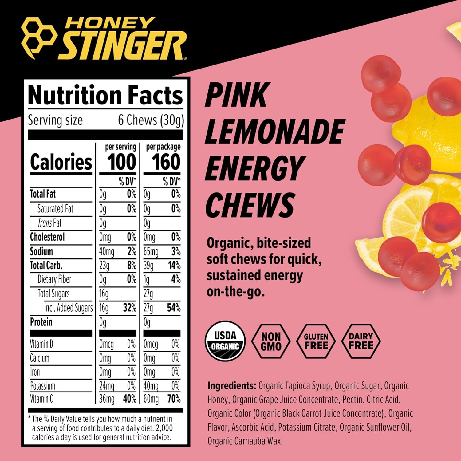 Honey Stinger Organic Pink Lemonade Energy Chew | 1.8 Ounce (Pack of 12)