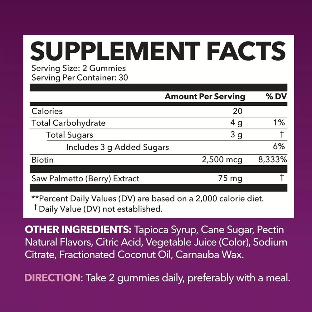 2500mcg Saw Palmetto Extract Biotin Gummies Hair Skin Nails Support 60 Gummies