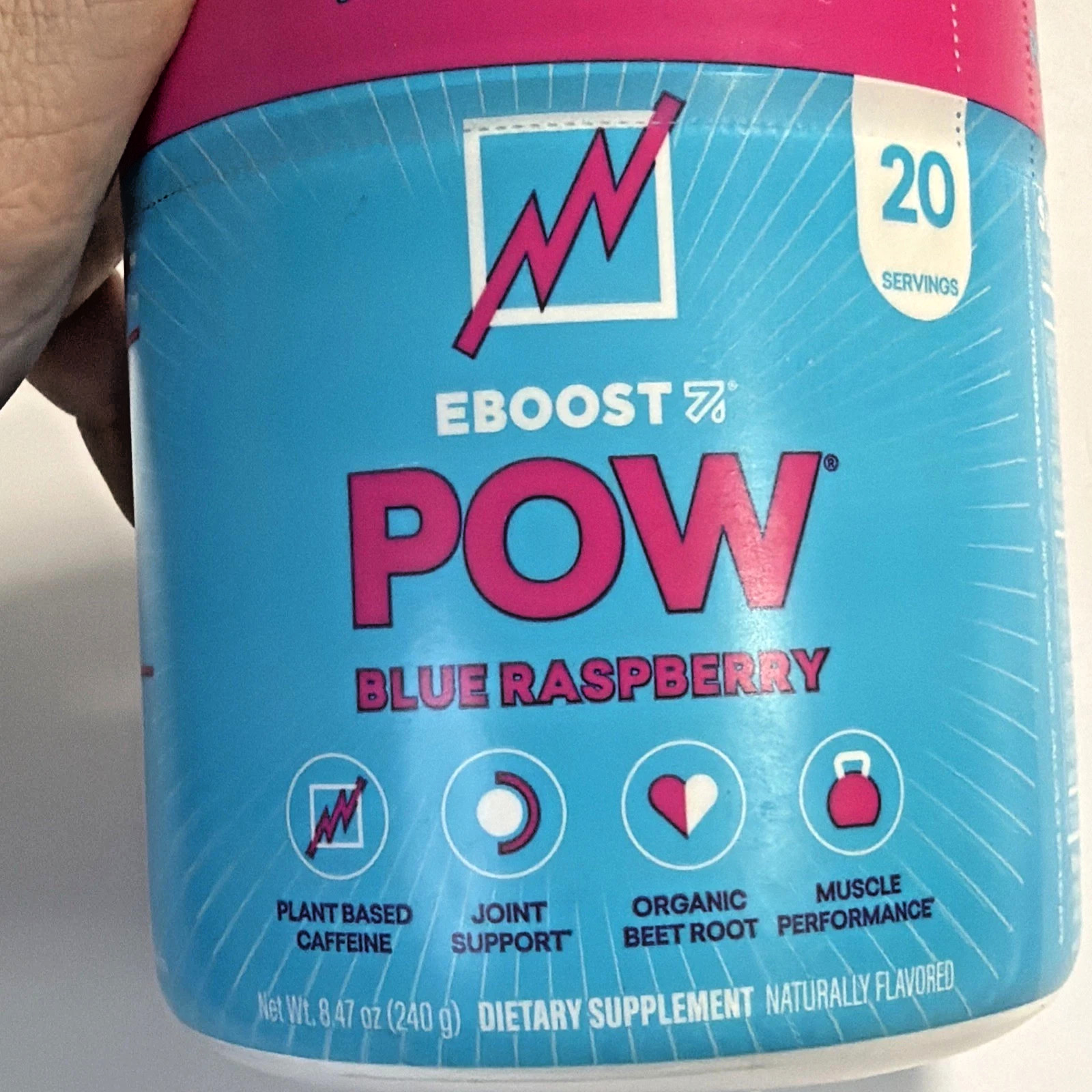 EBOOST POW Natural Pre Workout Powder, Blue Raspberry, Energy Support, 20 Servs