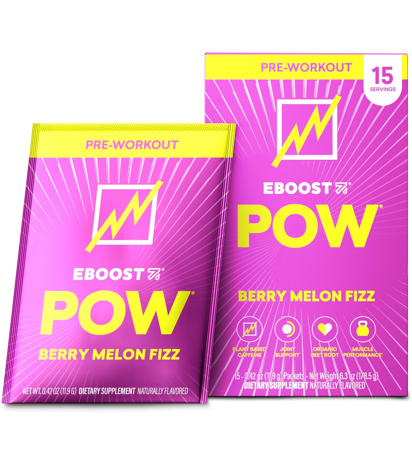 Eboost Pow Natural Pre Workout Powder – 15 Packets Berry Melon Fizz –