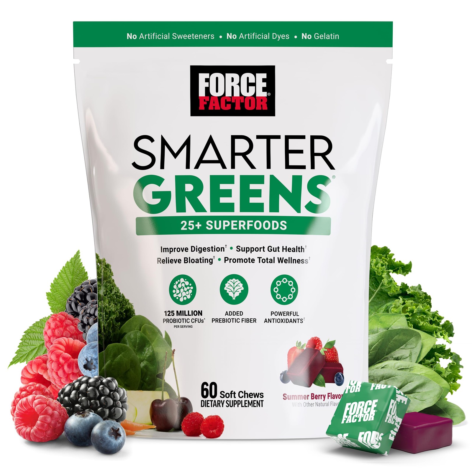 Force Factor Smarter Greens Superfood Chews, 60 Count (Pack of 1), Green