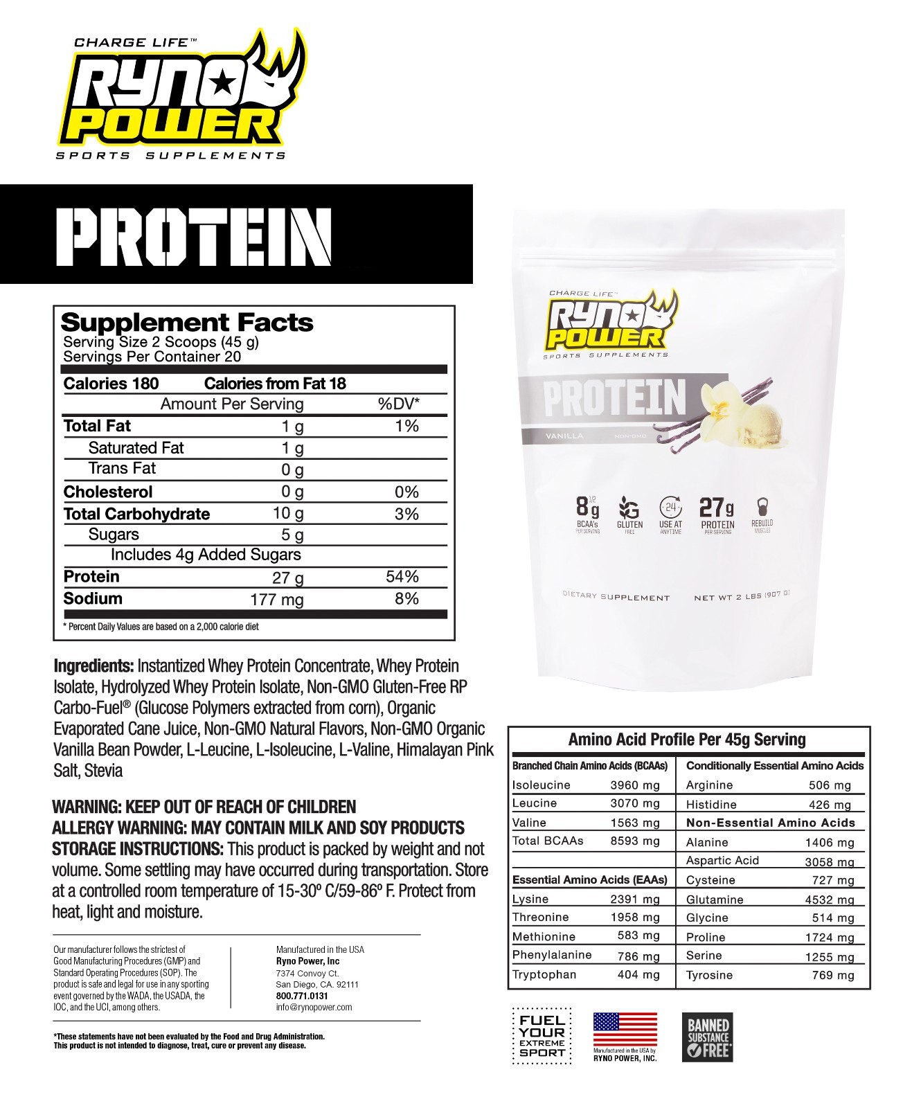 Ryno Power Vanilla Protein Powder 2lb Whey 27g 8.5g BCAA Recovery Sport Drink
