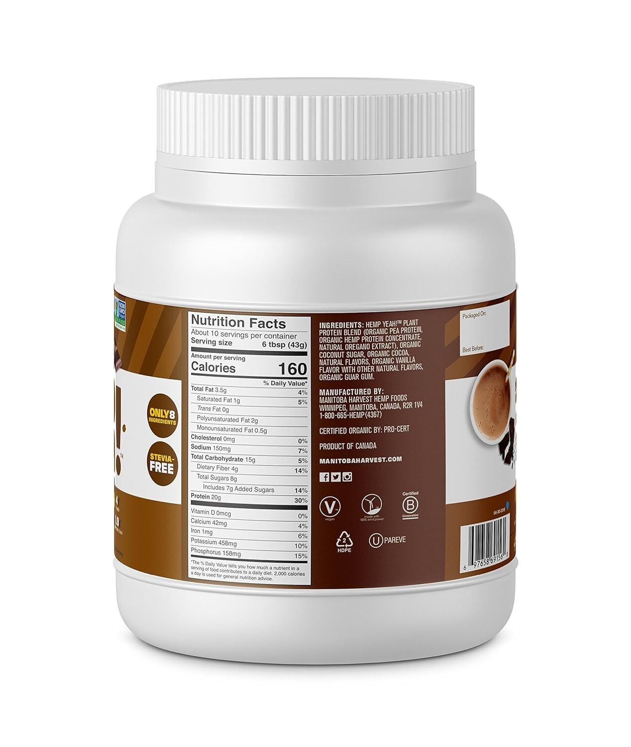 Manitoba Harvest Organic Hemp Yeah! Plant Protein Chocolate 16 oz