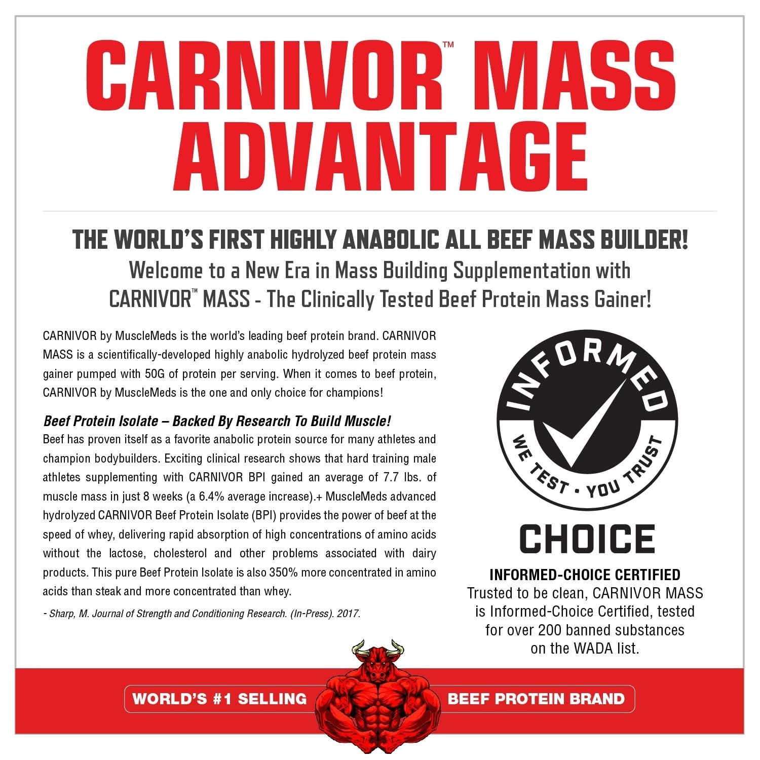 CARNIVOR Mass Gainer Beef Protein Isolate Shake 50g Protein 125g Carbs