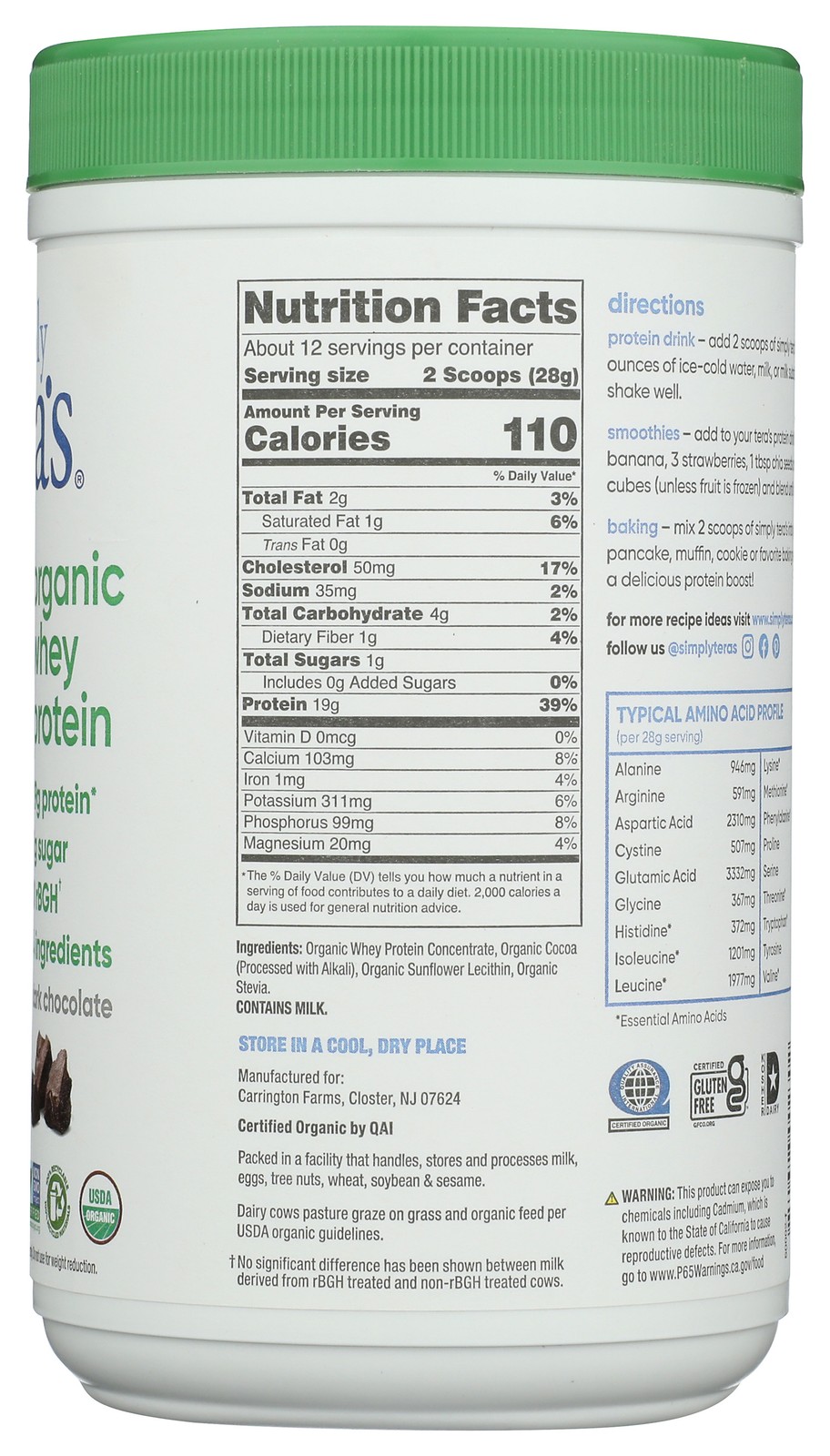 Simply Tera’S Organic Whey Protein Dark Chocolate 12 Oz 1 Pack
