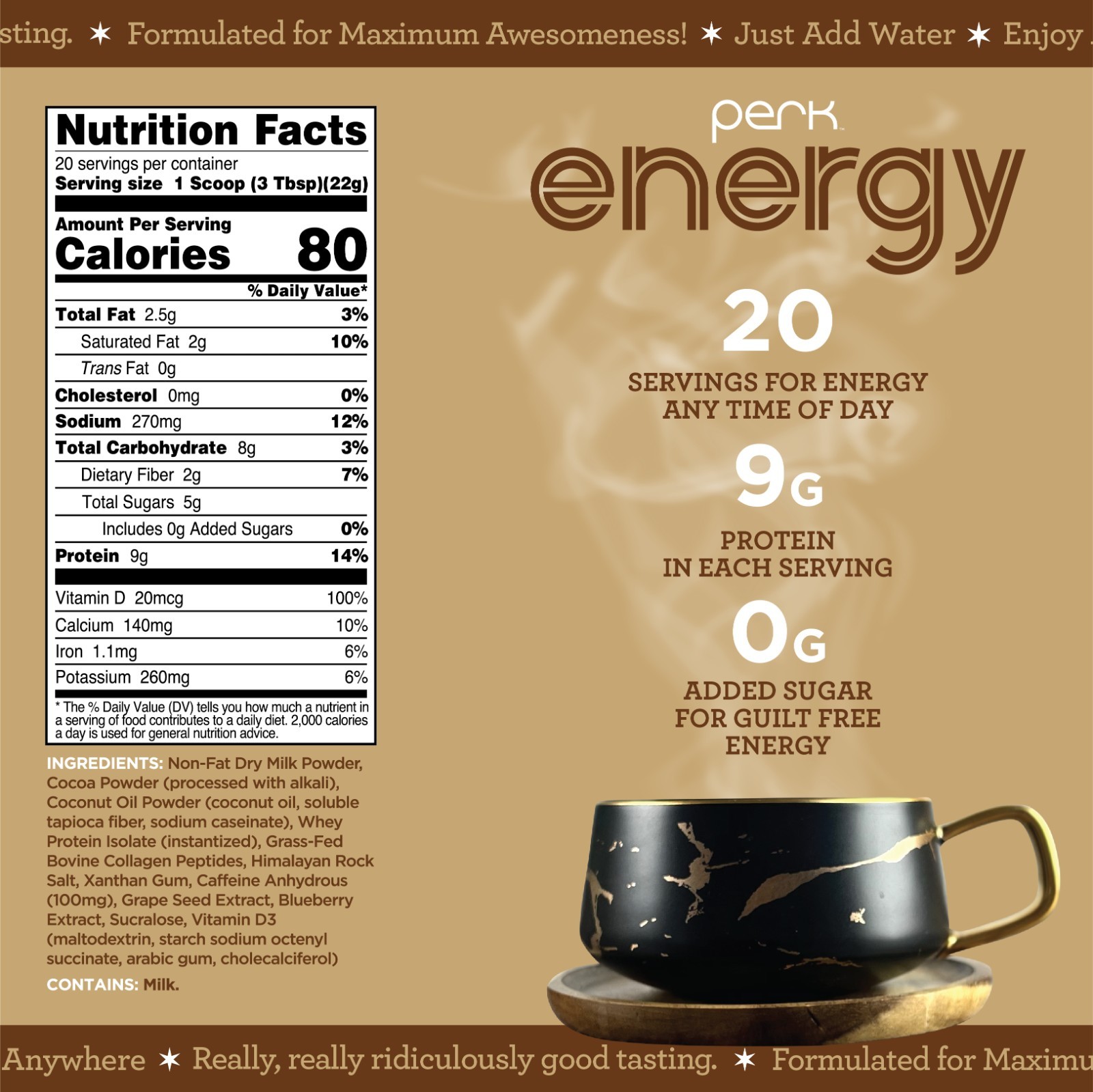 Perk Energy Original Dutch Hot Cocoa (20 Servings) – Soy Free, Peanut Free