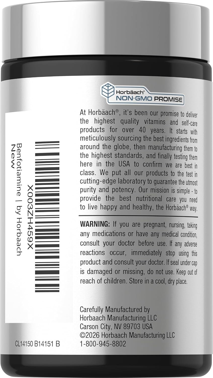 Horbaach Benfotiamine 300mg | 60 Capsules | Vitamin B1 Thiamine | Non-GMO & Glut
