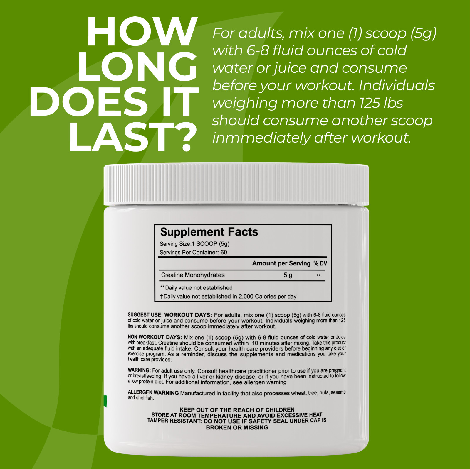 CREATINE Monohydrate Powder – Muscle Development, Enhanced Strength – 60 Serving