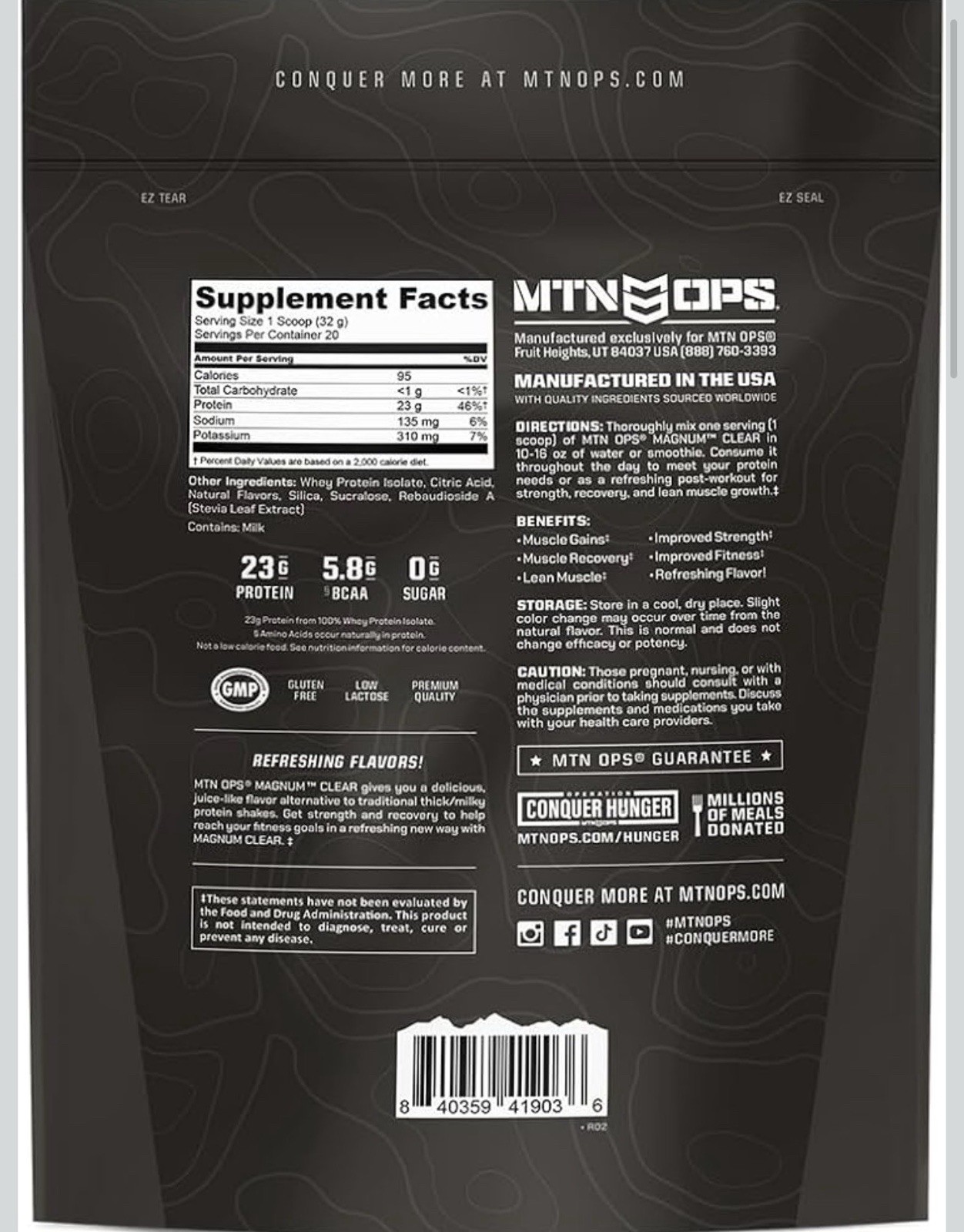 MTN OPS Magnum Clear 100% Whey Protein Powder Isolate 23g Per Serving Low Carb