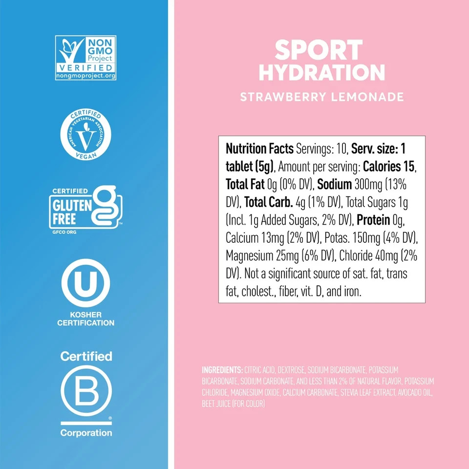 Sport Hydration, Effervescent Electrolyte Drink Tablets, Strawberry Lemonade, 10
