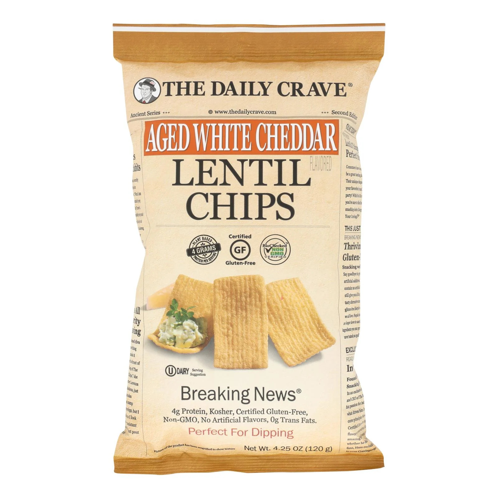The Daily Crave Lentil Chips, Aged White Cheddar, 8-Pack (4.25 Oz. Bags)