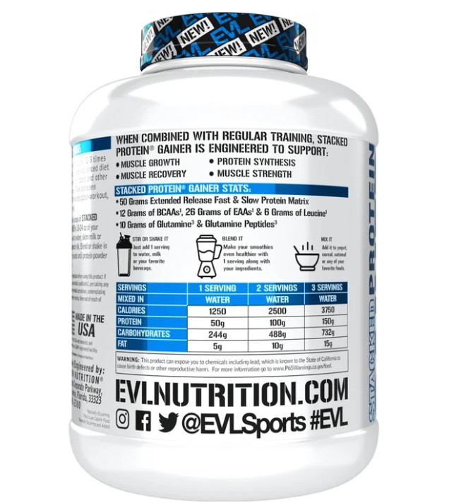 Evlution Nutrition Stacked Protein Gainer, 50 Grams Whey Protein Powder Complex,