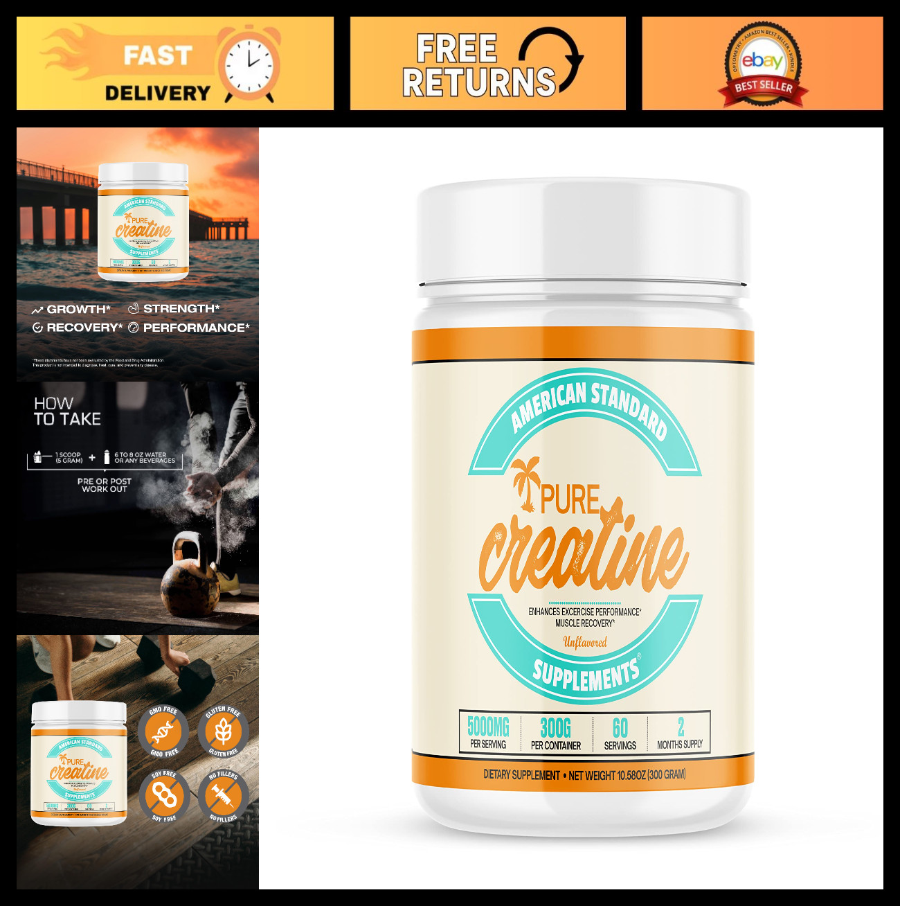 Micronized Creatine Monohydrate Powder – Unflavored, 5000mg/Serving, 60 Servings
