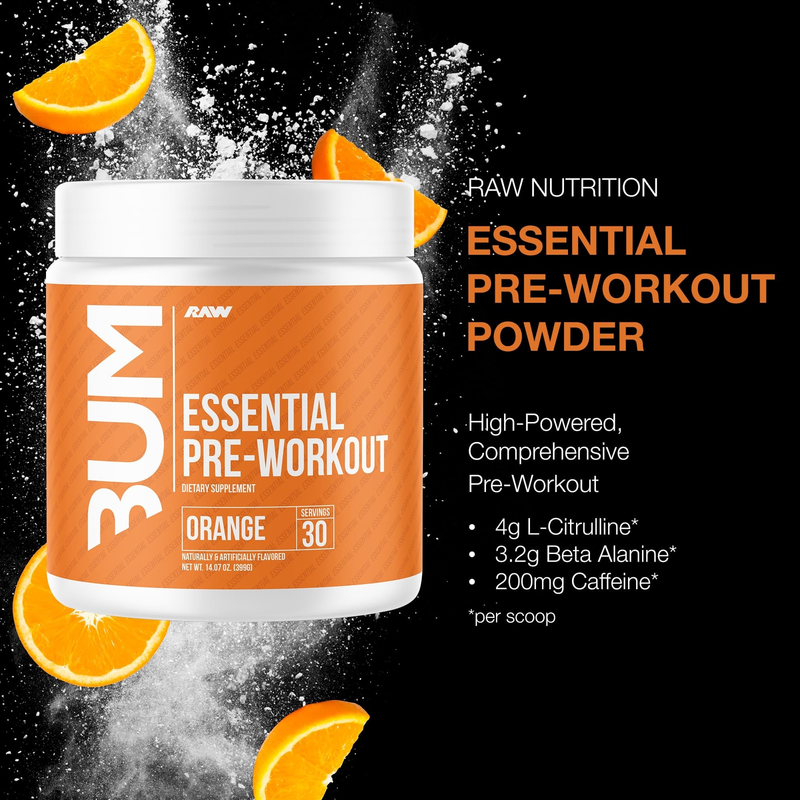 RAW Nutrition Essential Pre Workout Orange 30 Servings L Citrulline Caffeine