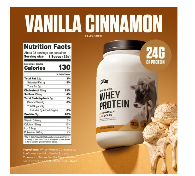 Levels Grass Fed Whey Protein Vanilla Cinnamon 2lb 24g Protein