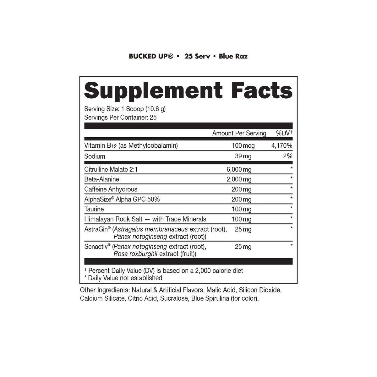 Bucked Up Pre-Workout Powder with 200mg Caffeine – Blue Raz (25 Servings)