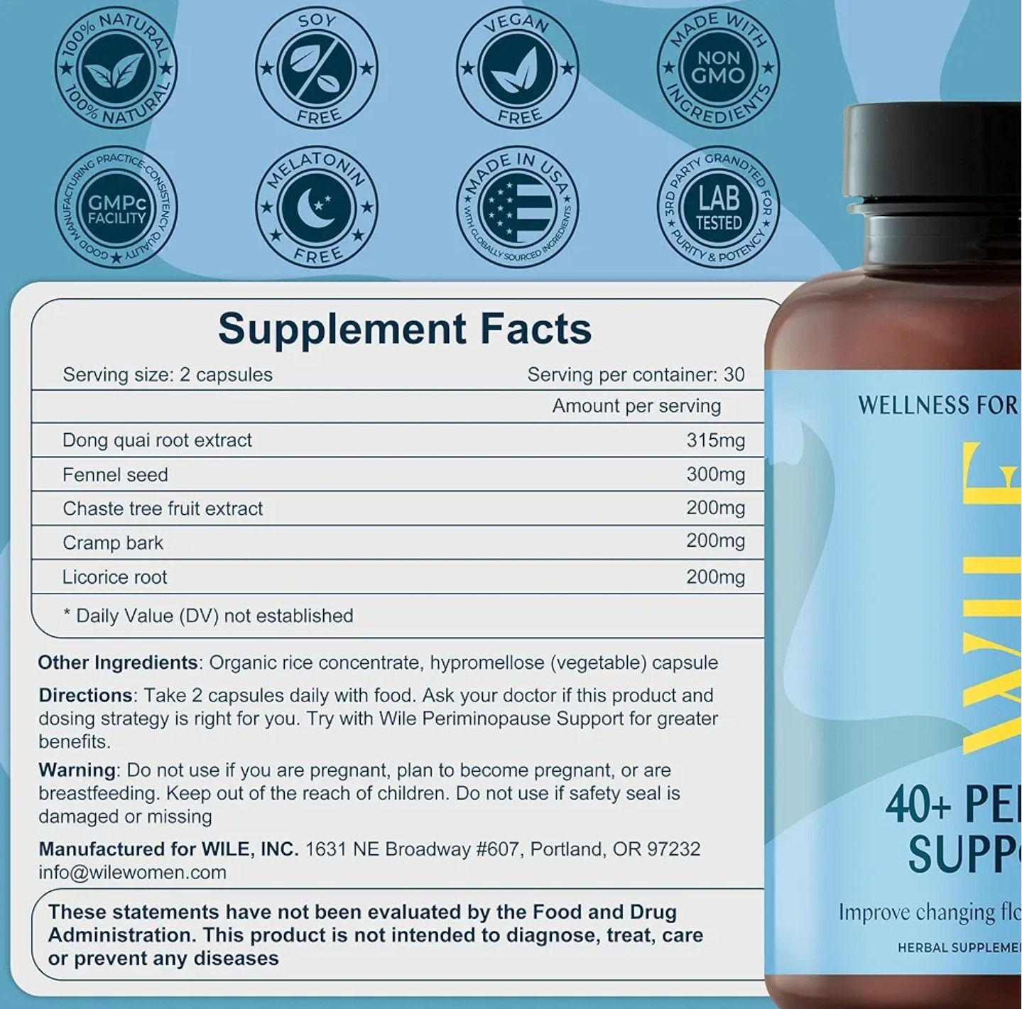WILE 40 + PERIOD SUPPORT Flow, Cramps & Mood 60 Caps (30 Servings) BEST BY 08/26