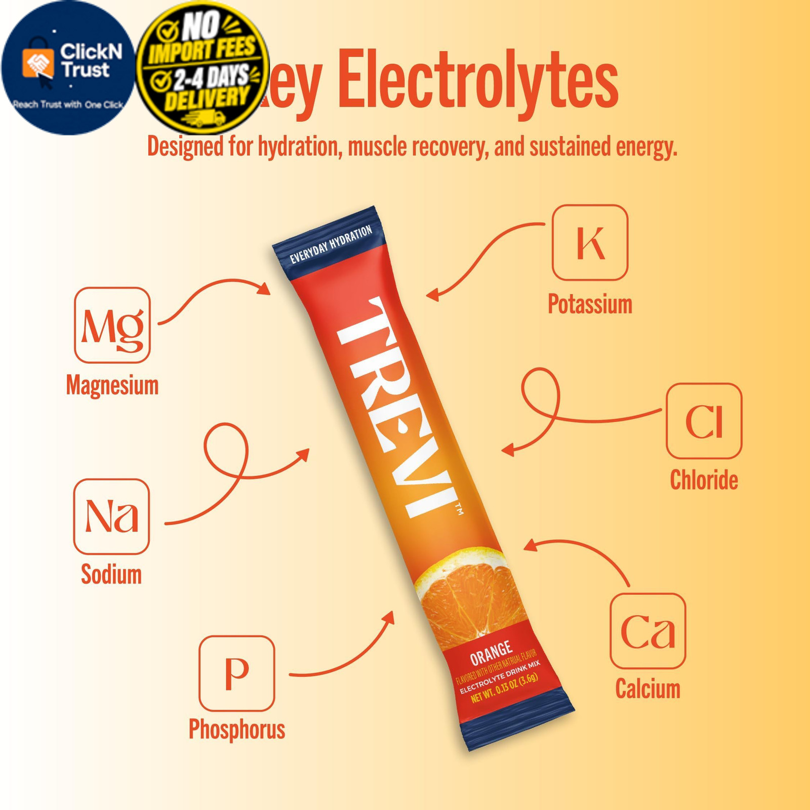 TREVI Electrolytes Powder Packets, Sugar Free Hydration, Orange 20 Servings