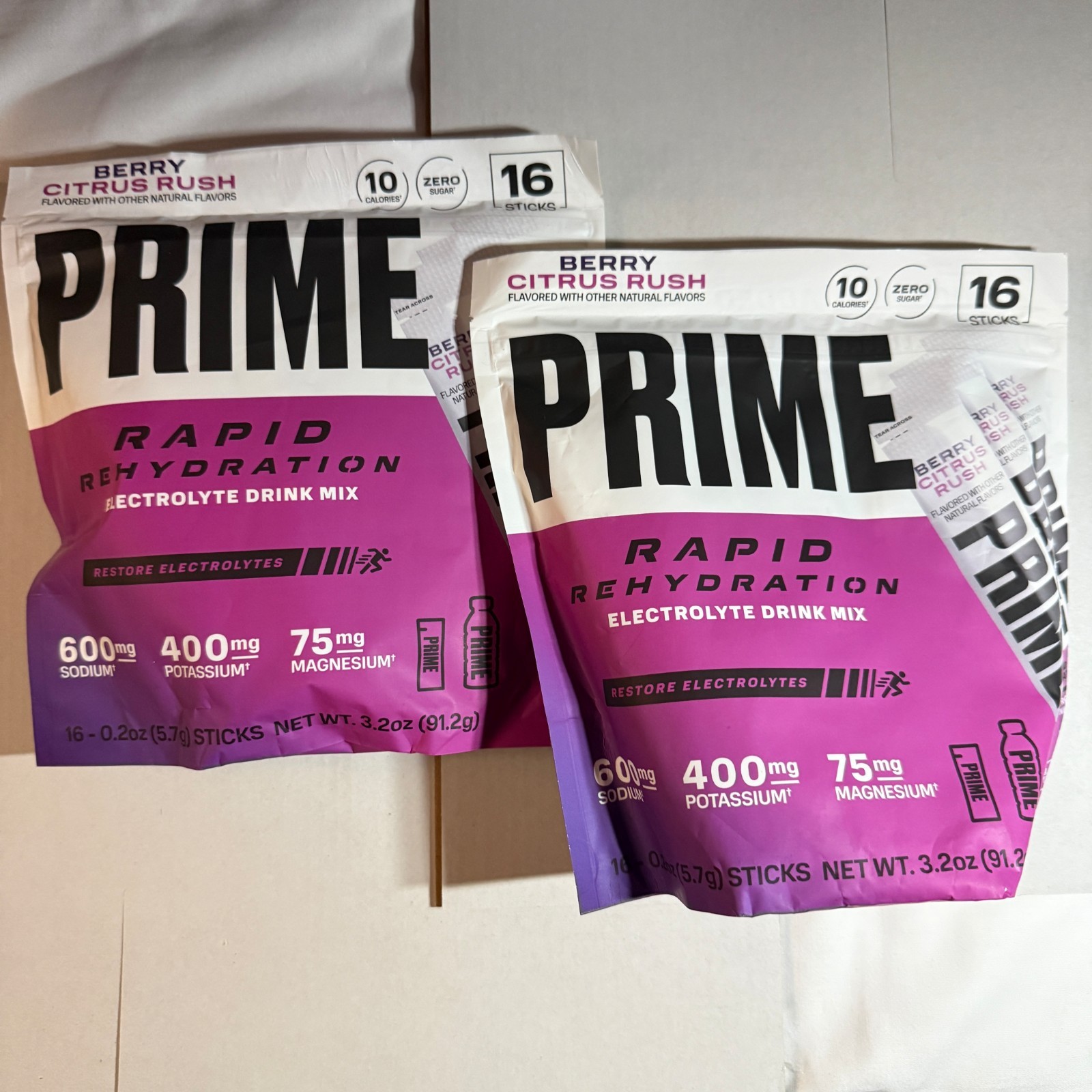 PRIME HYDRATION+ Electrolyte 2 Powder Sticks Bags Berry Citrus Rush 32 Count