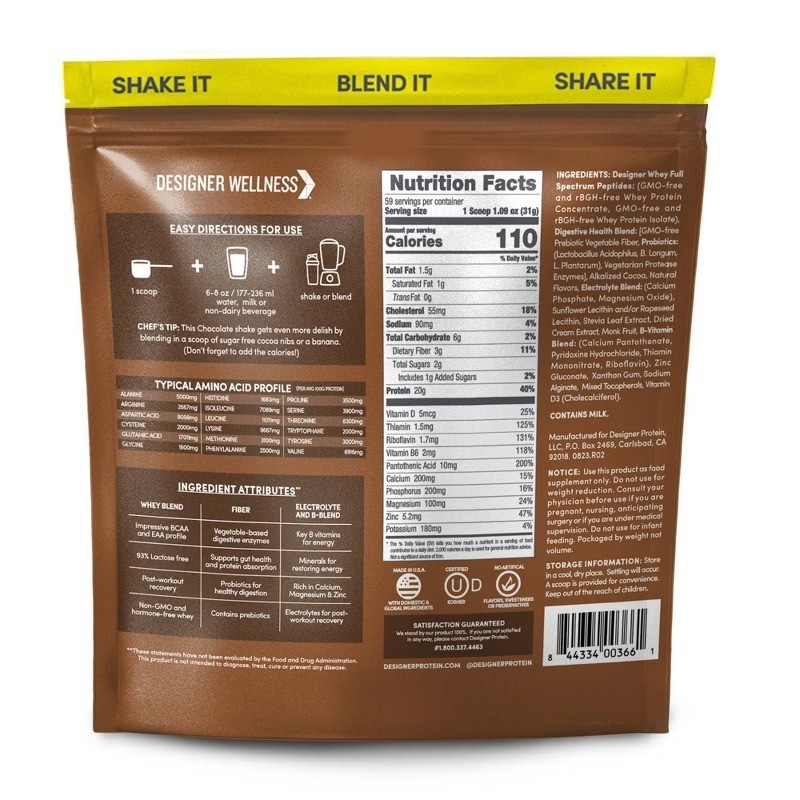 Designer Protein Whey Gourmet Chocolate 64oz, Gluten-Free, Non-GMO, 20g