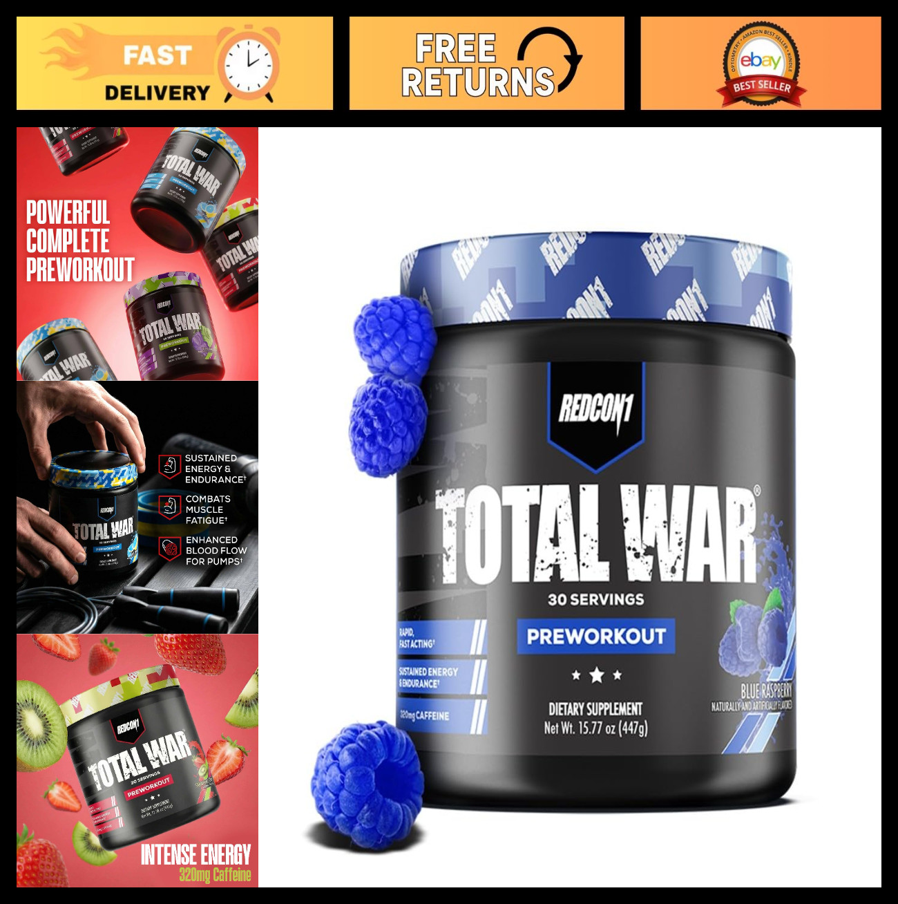 Total War Pre Workout Powder – Blue Raspberry, 320mg Caffeine, Citrulline, Beta