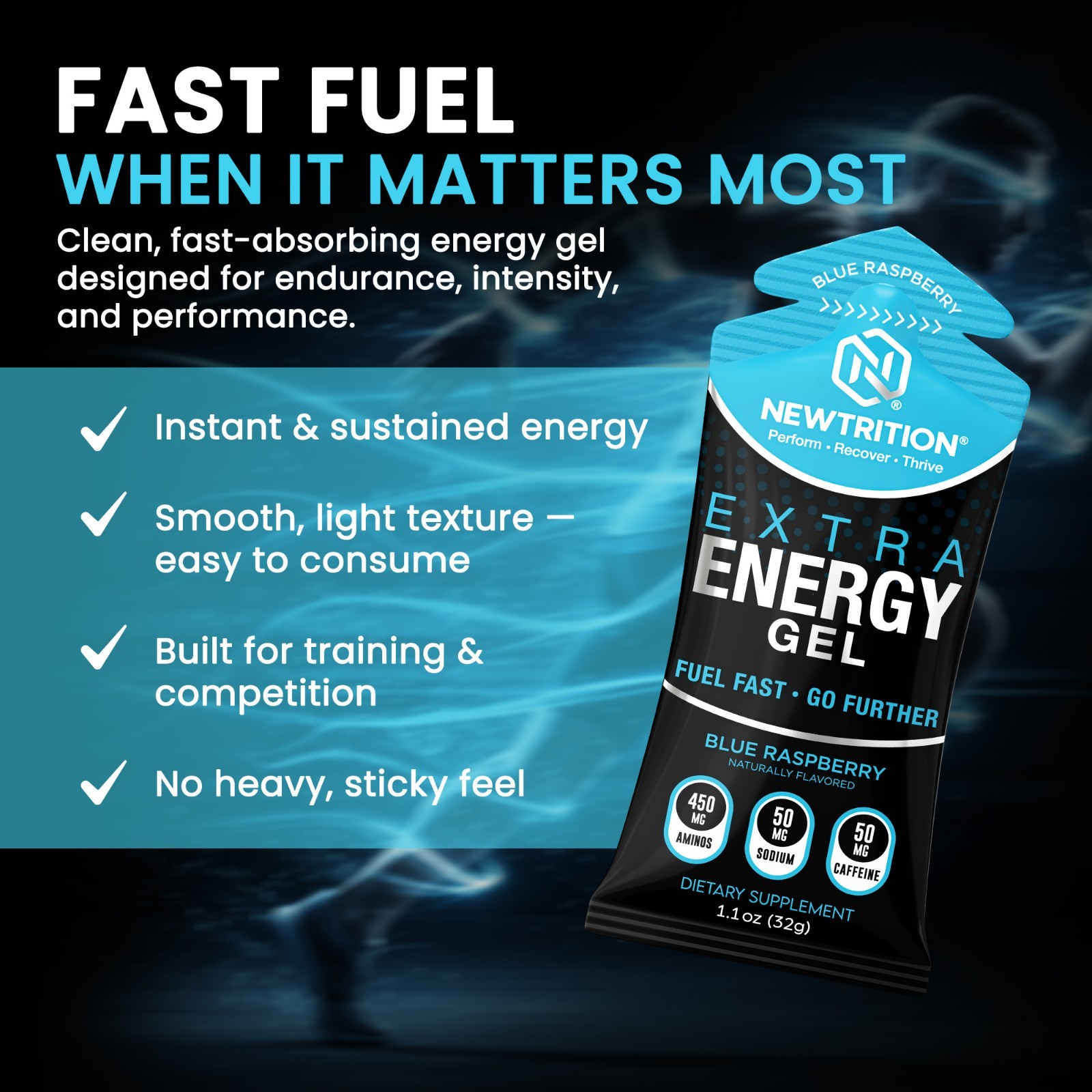 NewTrition Extra Energy Gel Variety Pack 24ct 50mg Caffeine Running Cycling Fuel