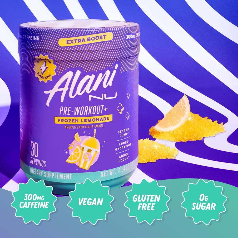 Pre Workout+ Powder Frozen Lemonade, Extra Boost, Sugar Free, 300Mg Caffeine, L-