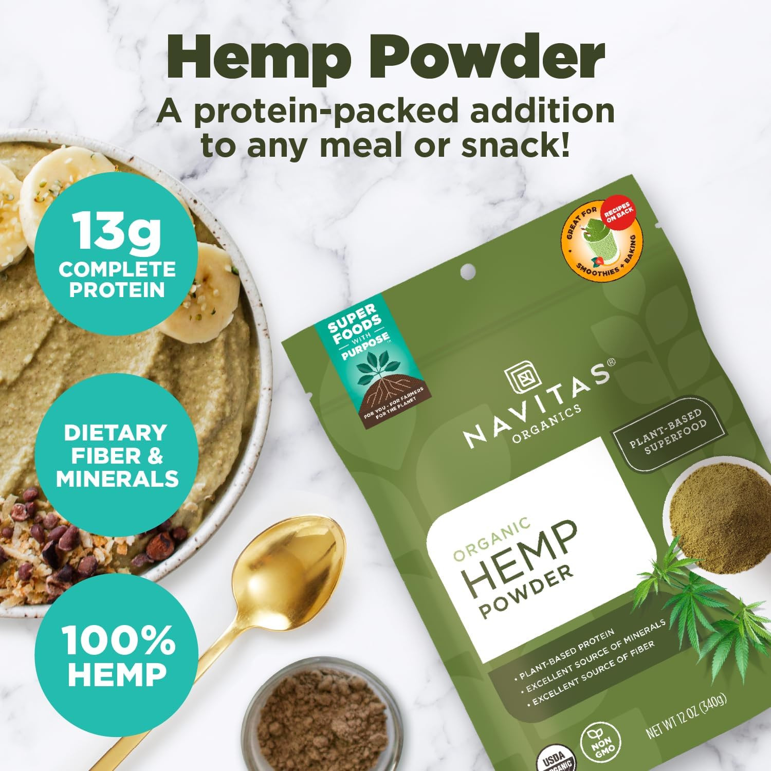 Hemp Powder – Vegan Protein, Fiber & Minerals – for Smoothies, Oatmeal, Baking ,