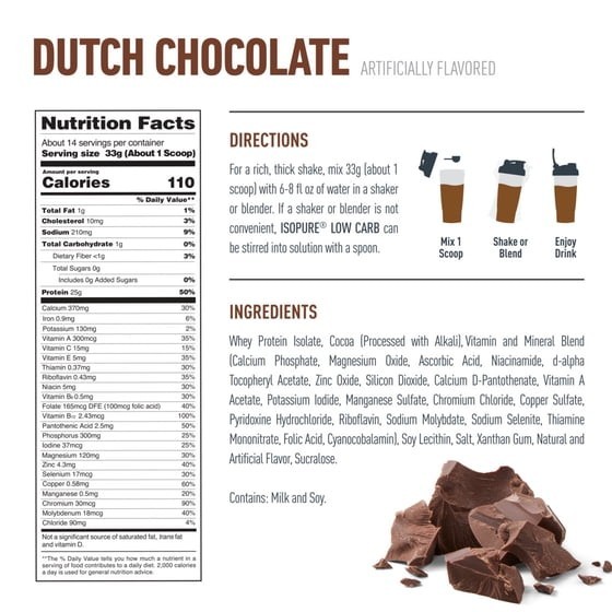 Isopure Low Carb Whey Protein Isolate Powder, Chocolate, 14 Servings