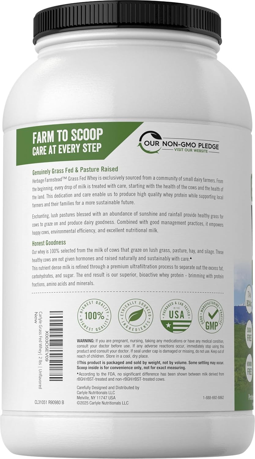 Grass Fed Whey Protein Powder 2lb Unflavored 33g Protein Non-GMO Gluten Free