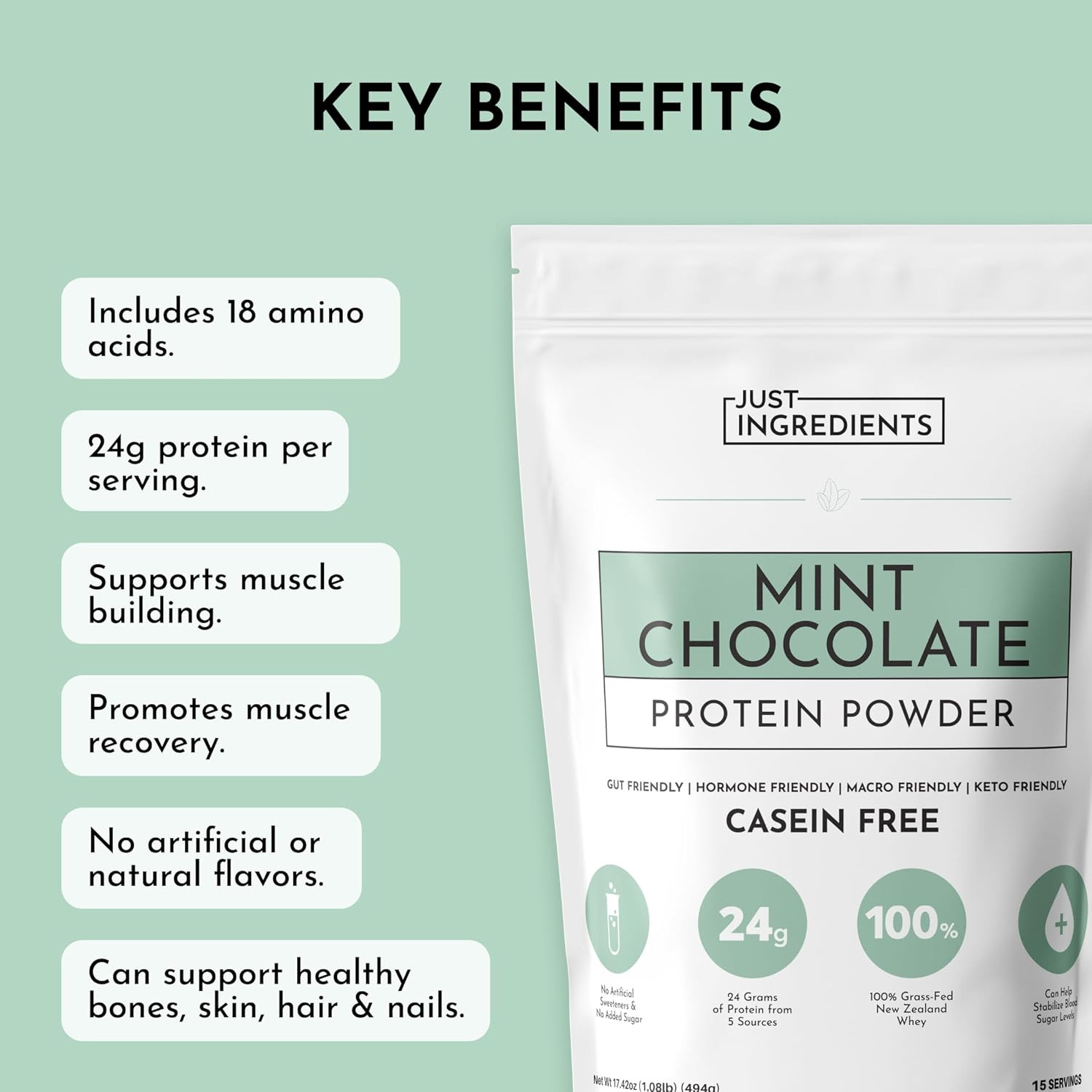 Mint Chocolate Protein Powder | 15 Servings | 24G Grass-Fed New Zealand Whey + 4