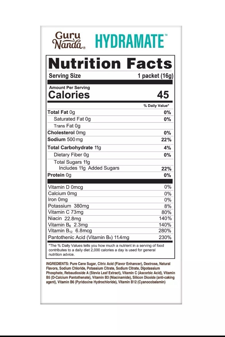 Guru Nanda Hydramate Electrolytes Drink Mix Extra Hydration W/ Vitamins 2 Boxes.