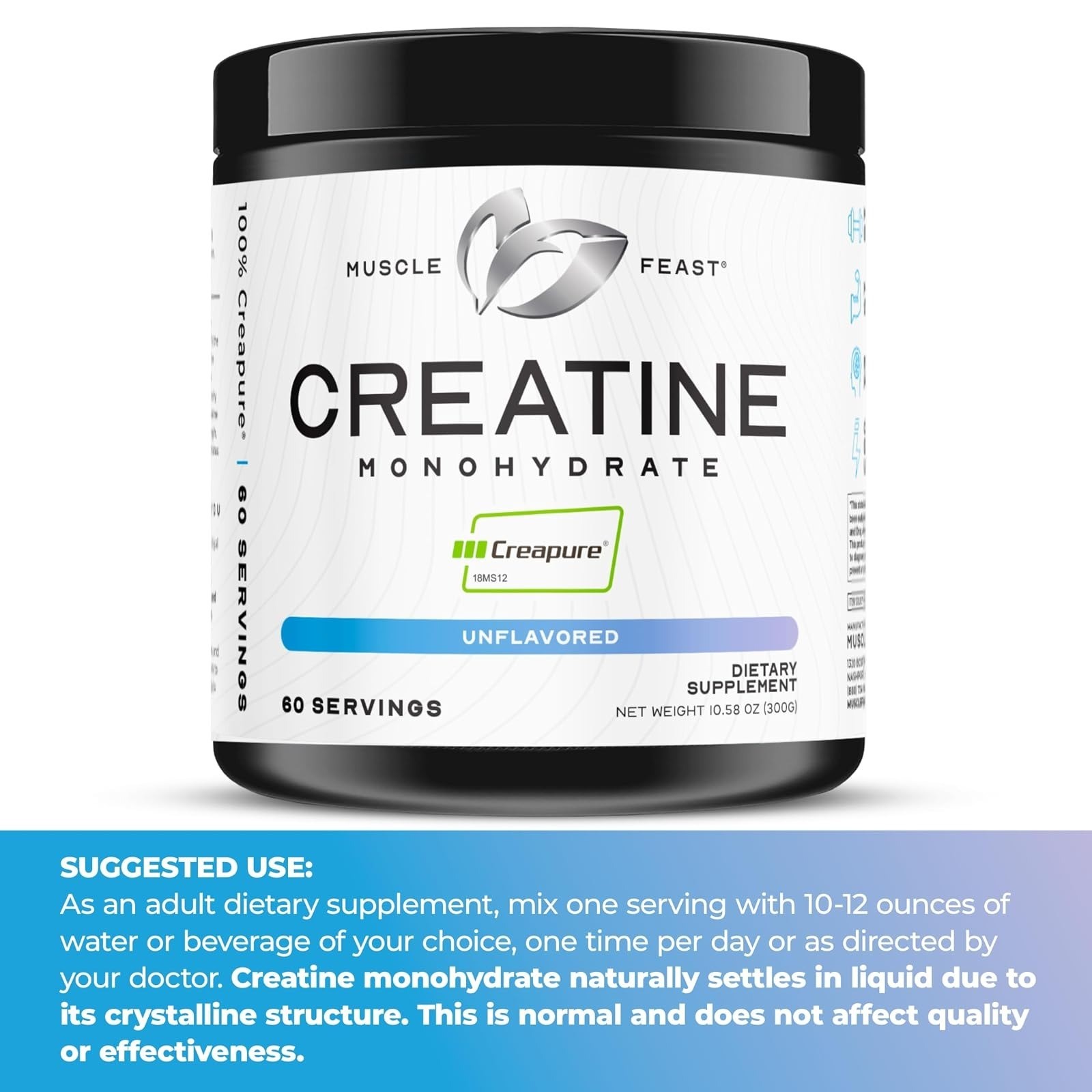 Creapure Creatine Monohydrate Powder, Unflavored (300g) | Vegan, Non-GMO, Keto F