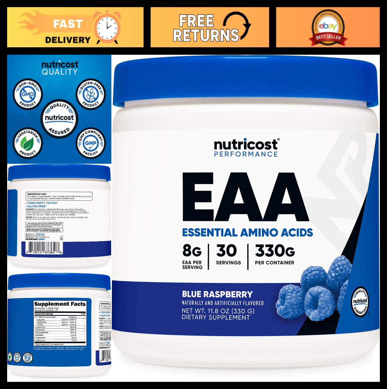 Essential Amino Acids EAA Powder – 30 Servings Blue Raspberry, GMO-Free, Gluten-