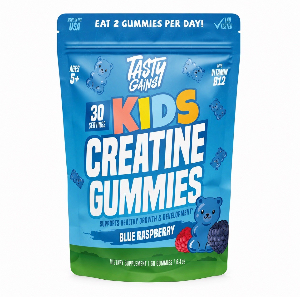 Tasty Gains Kids Creatine Gummies 90ct – “Blue Raspberry”