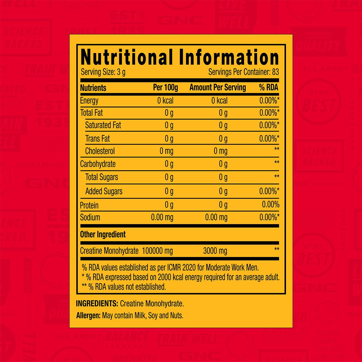 GNC Pro Performance Creatine Monohydrate Unflavoured 250gm Micronized