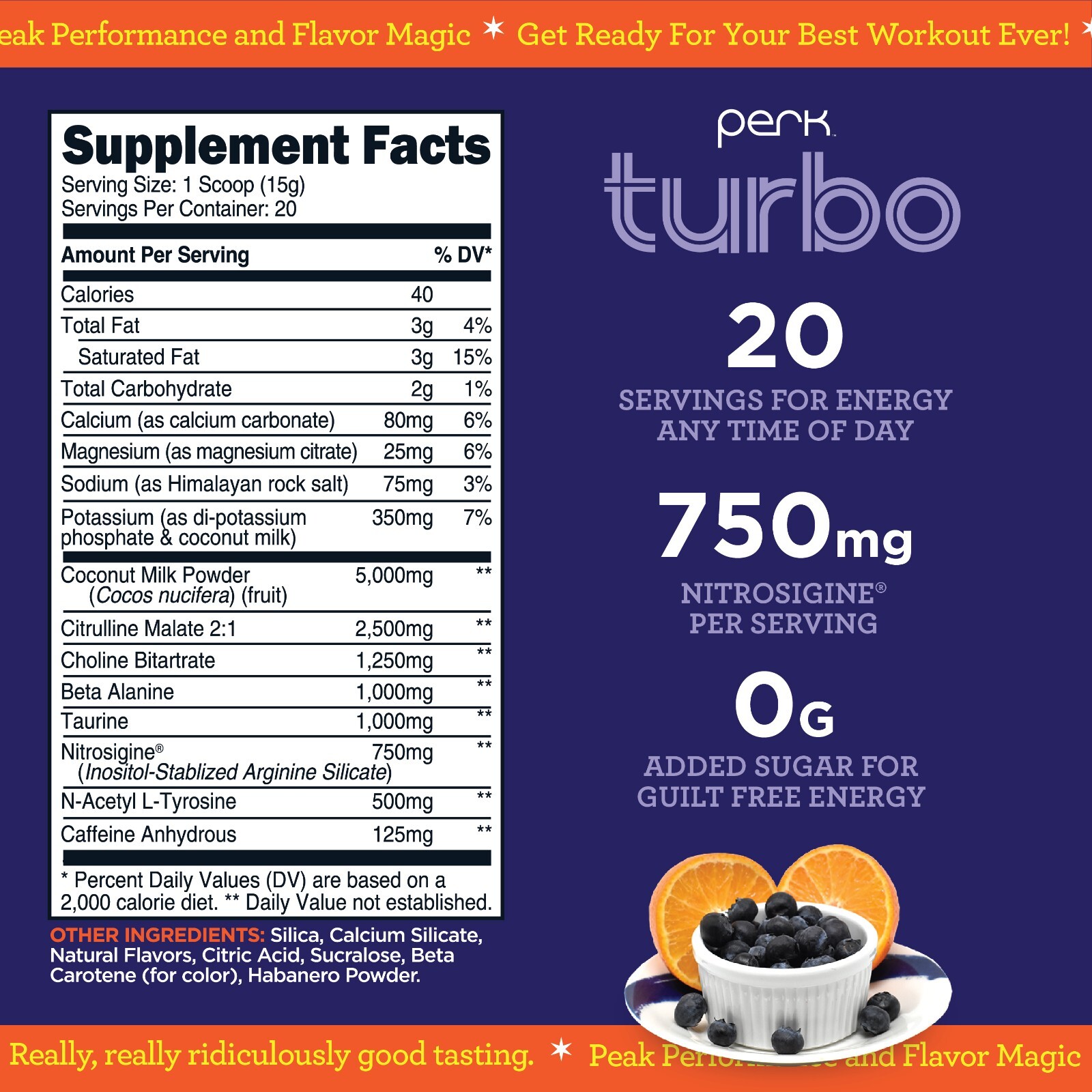 Perk Turbo Pre-Workout Powder (Blueberry Tangerine Flavored) 20 Servings