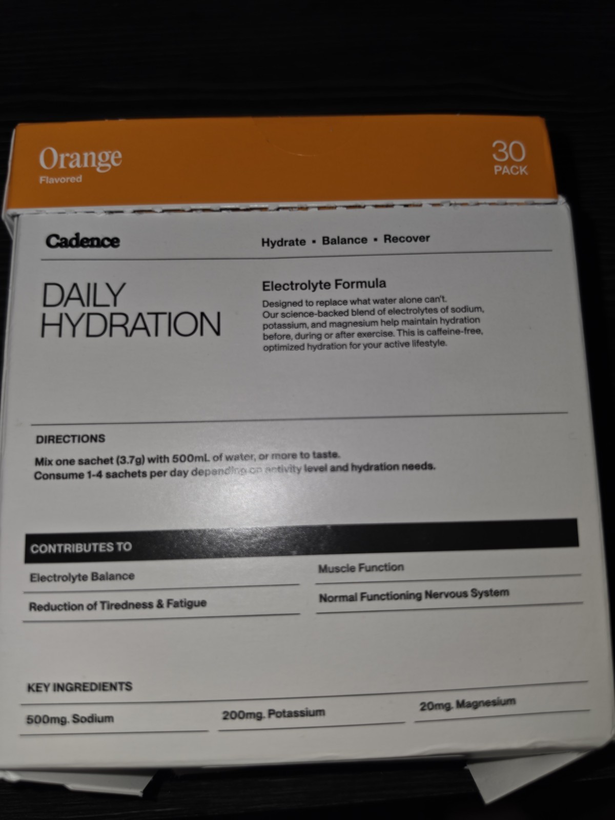 Cadence Electrolyte Hydration Sachets Orange Flavor 30 Pack