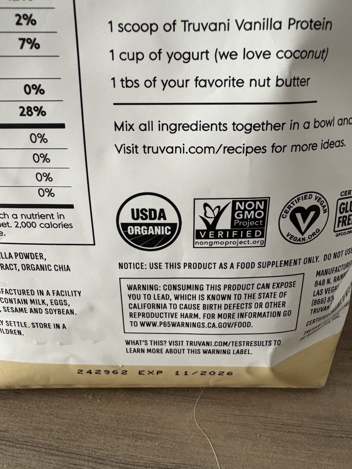 Truvani Certified Organic Plant Based Protein Vanilla Flavored Soy Free 10.47 Oz