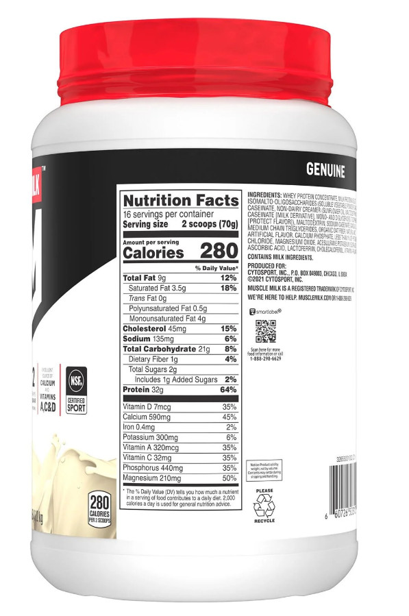 Muscle Milk Genuine 32g Whey Protein Powder, Vanilla Cream, 2.47 lbs.