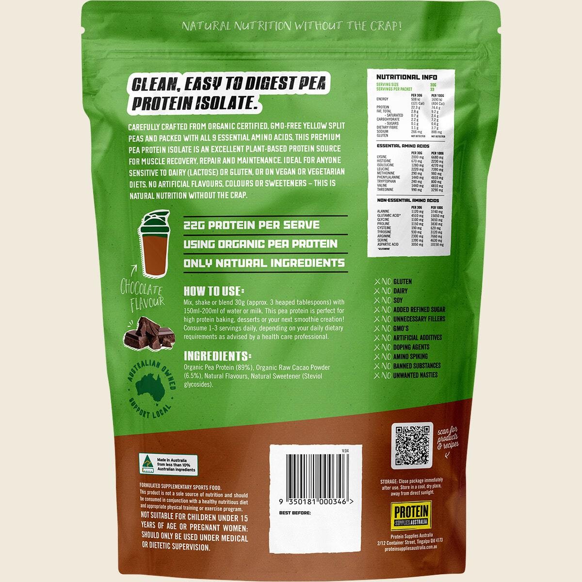 Protein Supplies Australia Pea Protein Isolate Chocolate 1kg