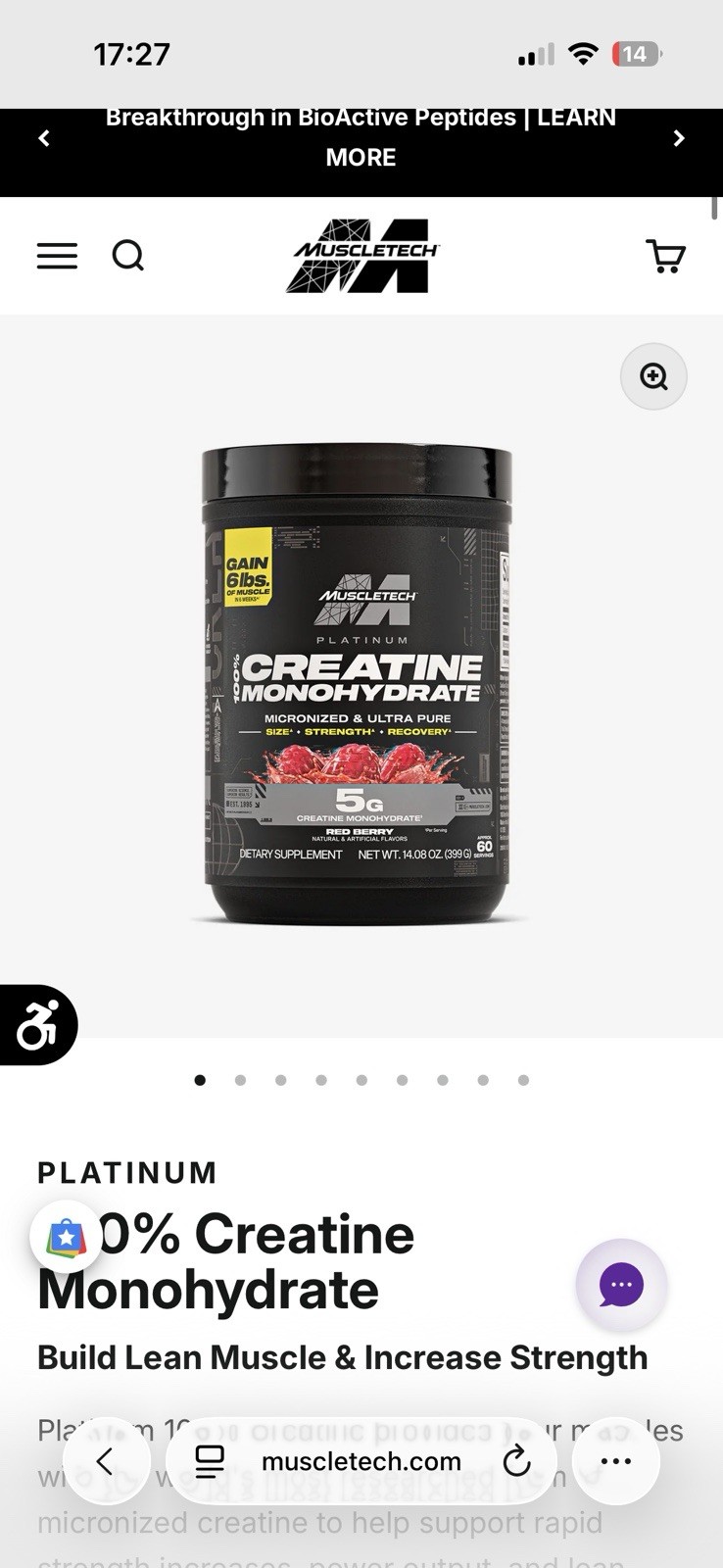 MuscleTech Platinum Micronized Creatine Monohydrate Red Berry 5g 14.08 oz