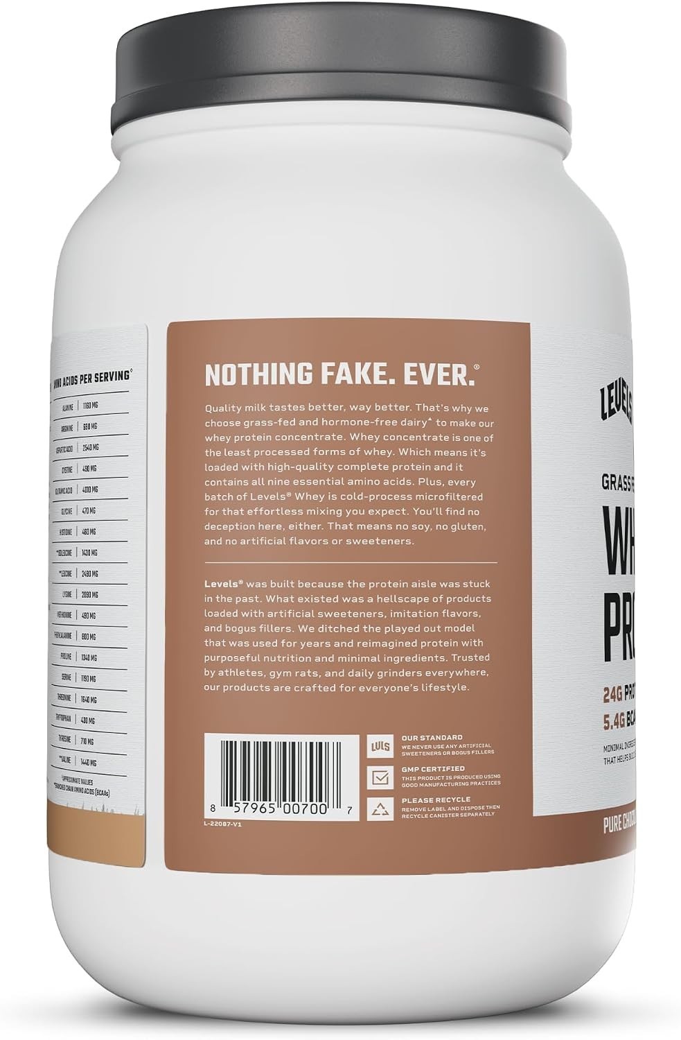 Levels Grass Fed Whey Protein Powder Pure Chocolate 2LB 24g Protein BCAAs No