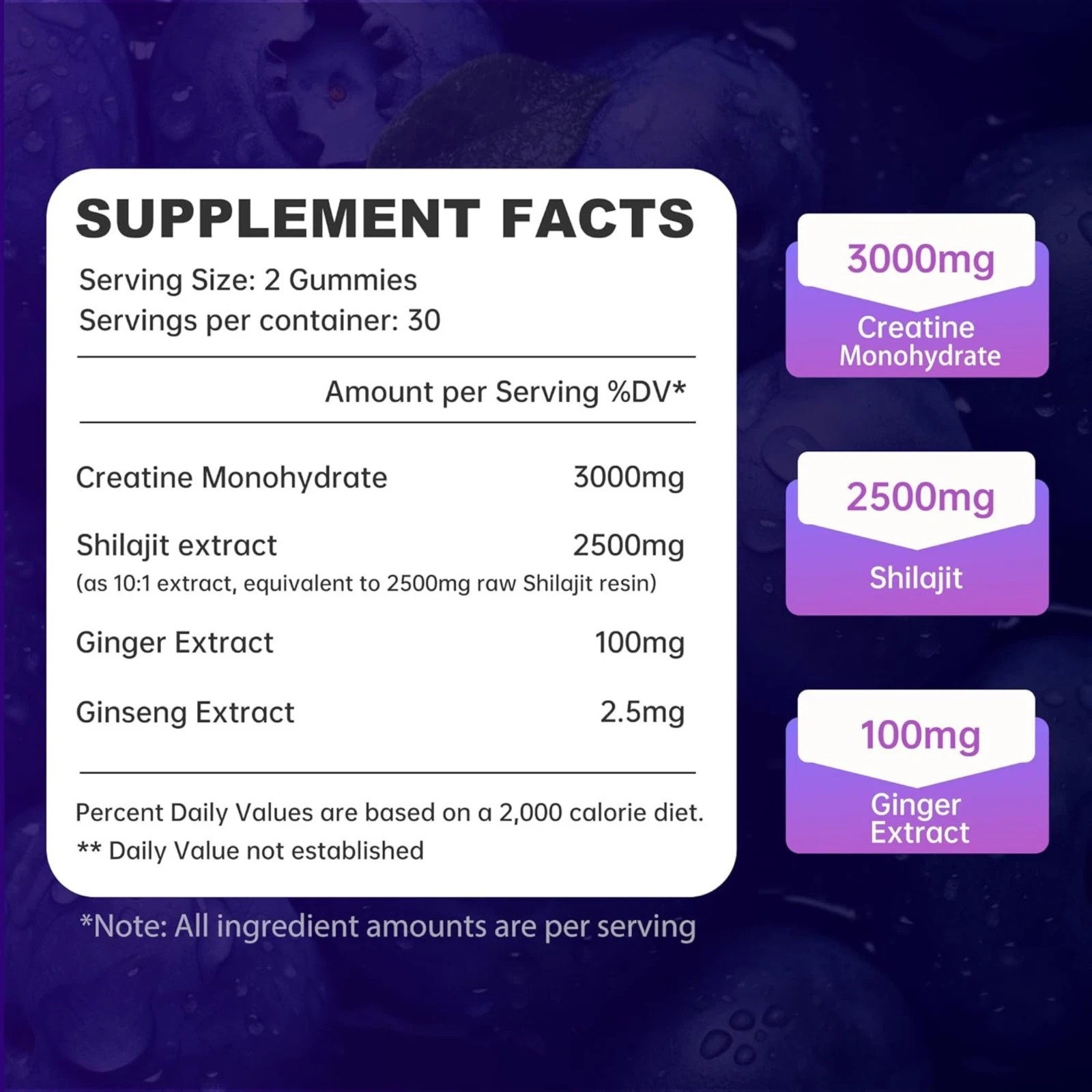 Creatine Gummies 3000mg with Shilajit 60 Ct Blueberry Muscle Recovery Energy