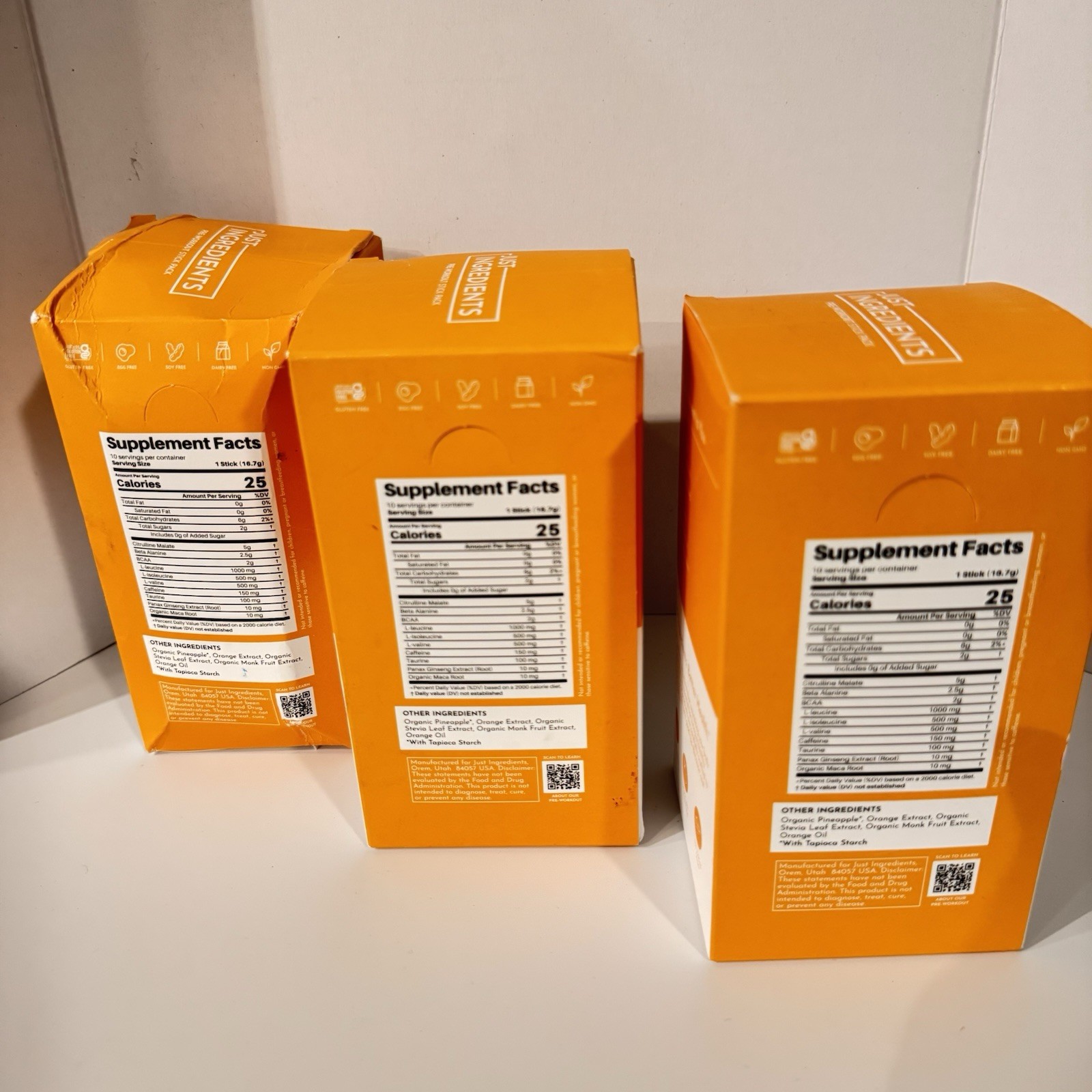 3x Just Ingredients Pre-Workout Drink Packet Orange Pineapple 10 Sticks Ea 12/27