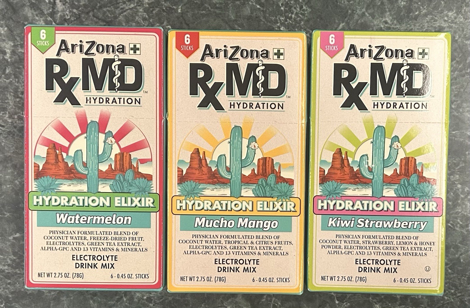3-AriZona Electrolyte Hydration Powder Drink Mix Watermelon/Mango/Kiwi 6 Sticks
