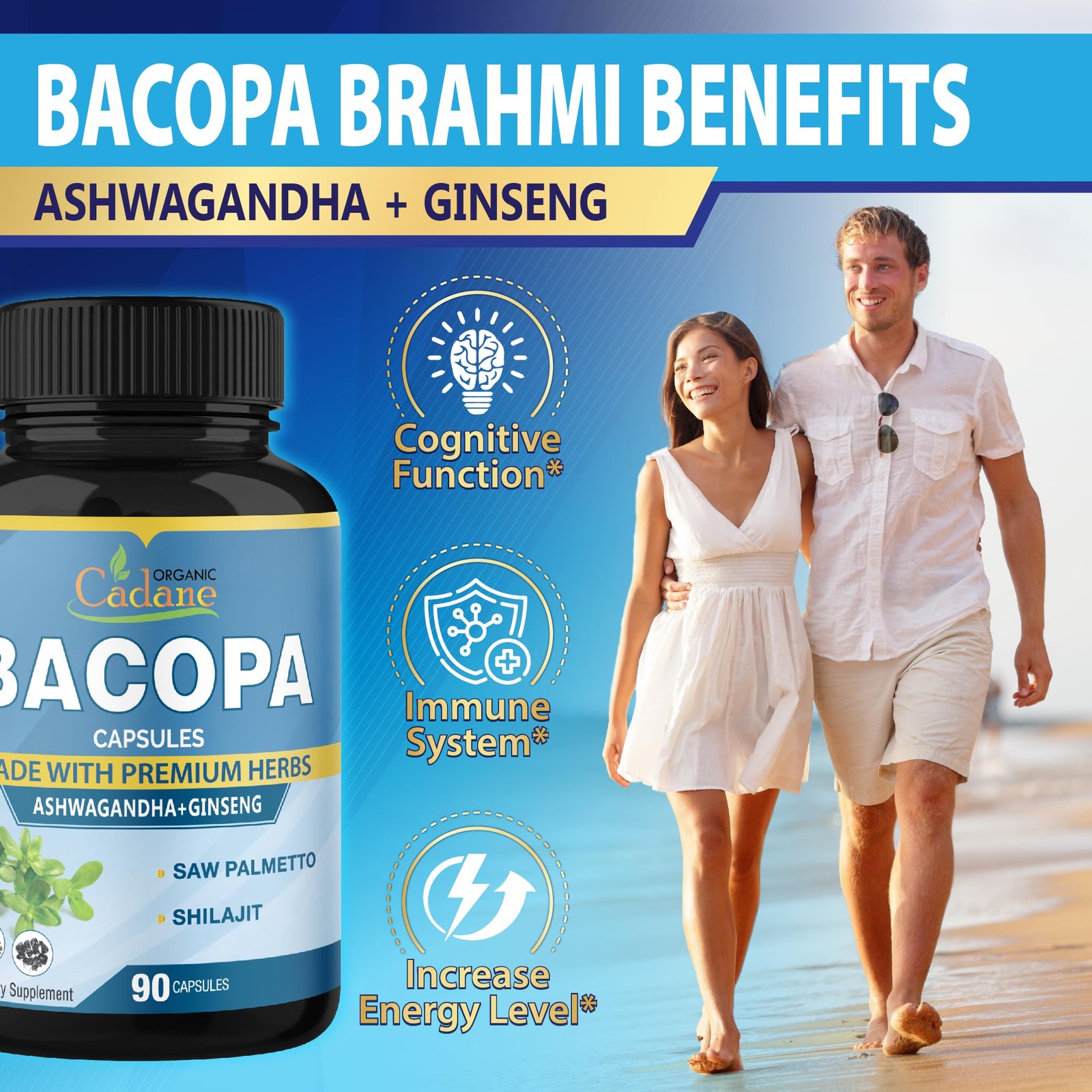 Organic Cadane Bacopa Monnieri Supplement – Blended with 90 Count (Pack of 1)